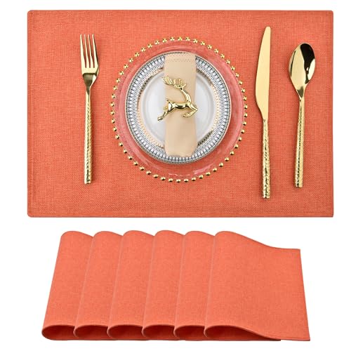 Orange Linen Placemats Set of 6 - Double-Layered Heat-Resistant Table Mats