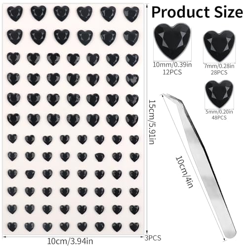 Black Heart Face Gems Set - Self-Adhesive Rhinestones for Makeup & Rave Accessories