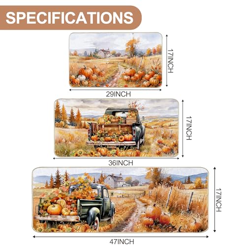 Fall Kitchen Rugs Set - Harvest Pumpkin Pickup Truck & Scarecrow Non Slip Burlap Mats - 3 Sizes