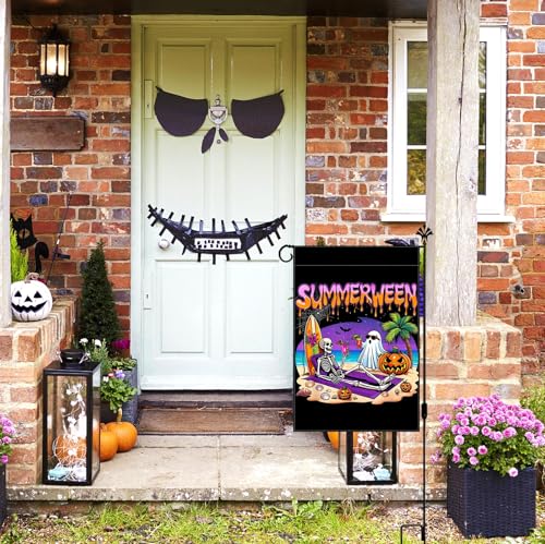 Summerween Garden Flag Spooky Skeleton Ghost Halloween Yard Decor 13x19in
