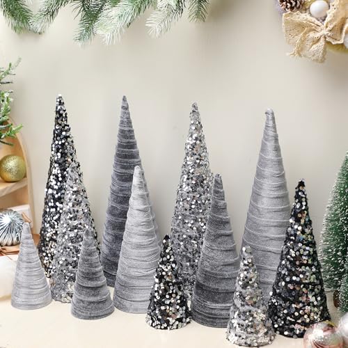 Ireer 12 Pcs Silver Gray Christmas Cone Trees Velvet Tree Decor - Sequin Variant