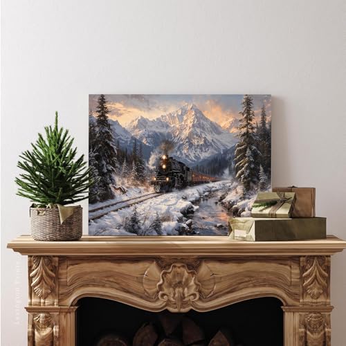 Winter Train Scenery Canvas Wall Art Poster - A01 18x12 Inches, Farmhouse & Living Room Decor