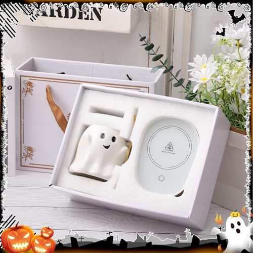White Ghost Mug with Electric Coffee Warmer Set - 14oz, Halloween Desk Accessory