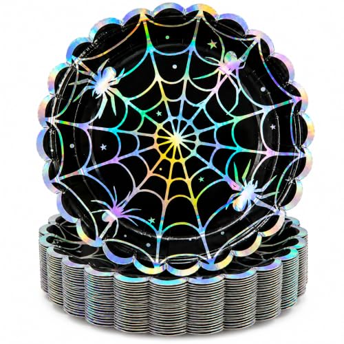 Spider Web Halloween Paper Plates 7 Inch - 50 Pack, Holographic Design
