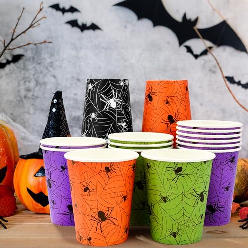 Halloween Disposable Paper Cups 9oz - 4-Color Spider Web - Festive Party Drinkware - Colorful Variation