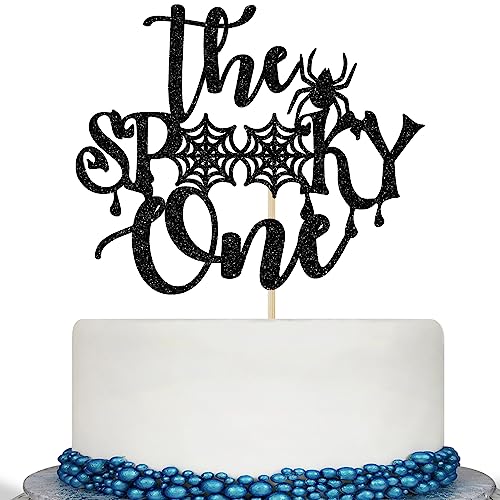 Halloween Spooky One Cake Topper - Black Glitter Birthday & Baby Shower Decor