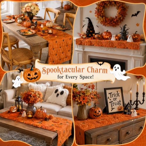 Halloween Pumpkins Fall Table Runner 3D Faux Fur Decor 13x72 Inch - Pumpkins