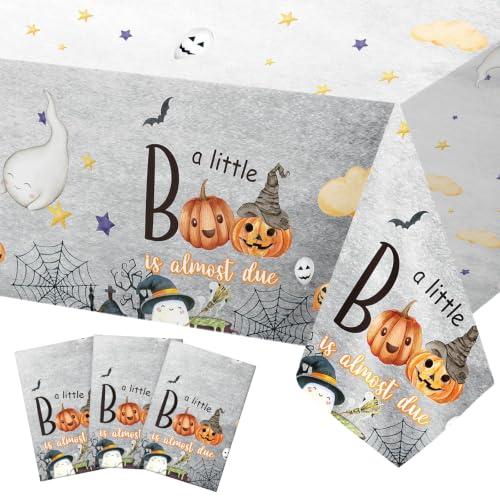 Halloween Baby Shower Tablecloth Set - 3 Pc Neutral Ghost Pumpkin Design - Little Boo