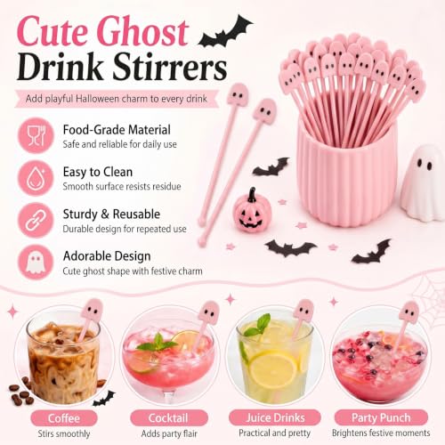 30 Pcs Halloween Pink Ghost Drink Stirrers - Fall Cocktail Swizzle Sticks