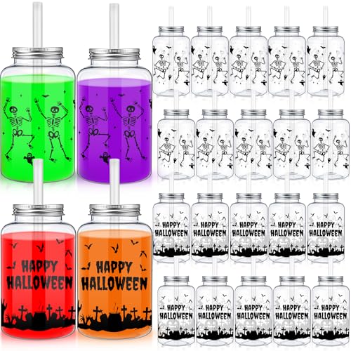Halloween Skeleton Cups Set - Reusable 16 oz Skull Drinkware with Lids & Straws - 20 Pack