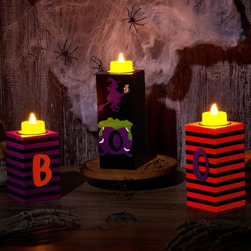 Halloween Wood Candle Holders Set - 3PCS with LED Tea Lights & 3D Carving - Witch Color
