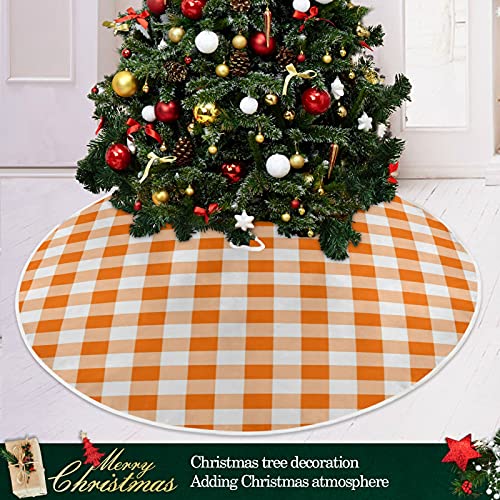 Orange Plaid Christmas Tree Skirt 48 Inch Fall Holiday Decor Round Floor Pad