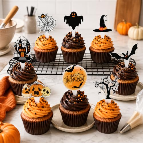 Halloween Cupcake Toppers Pack - Spooky Pumpkin, Black Cat, Bat & Ghost Decorations