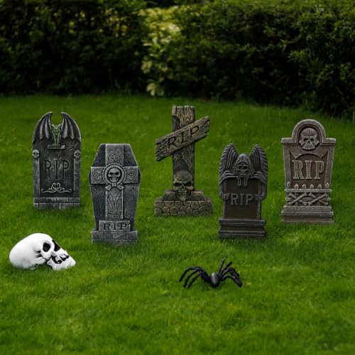 Gray Halloween Foam Graveyard Tombstones 5 Pack with Metal Stakes - Scary Yard Decor