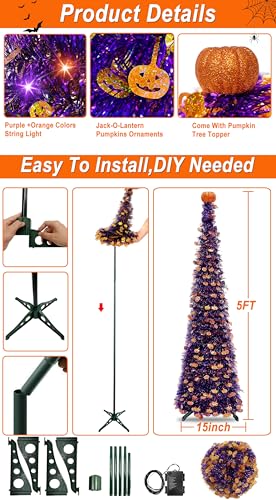 Halloween Black Tinsel Tree with Orange & Purple String Lights - 5 Ft Decor
