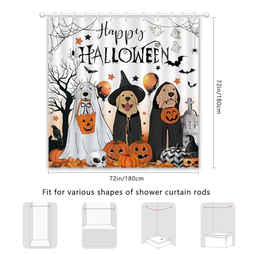 Halloween Shower Curtain for Bathroom - Funny Dog Ghost Pumpkin Bat Theme, Waterproof Fabric, 72x72 Inches, White Variation