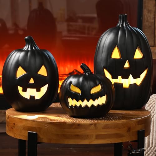 Black Halloween Jack O Lantern Decoration Set with LED Lights - 3 Pcs