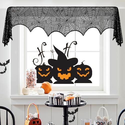 Spidernet Black Lace Spiderweb Fireplace Mantel Scarf - Halloween Decor 96x18 Inch