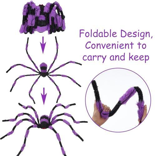Giant Purple Halloween Spider Decoration - 60” Large Black Hairy Fake Spider with LED Lights