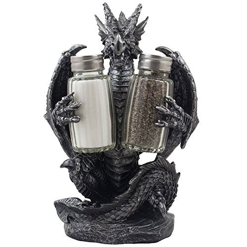Mythical Dragon Salt and Pepper Shaker Set with Holder - Gothic Fantasy Decor