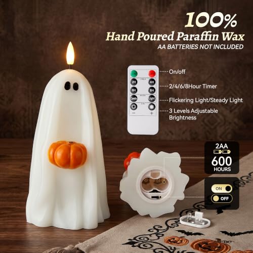 Halloween Ghost Flameless Candles with Remote Control - Real Wax, Timer, Safe Decor