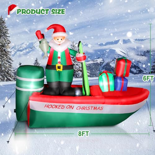 8 Ft Inflatable Christmas Santa Fishing on Boat with Built-in Lights - Outdoor Holiday Yard Decor