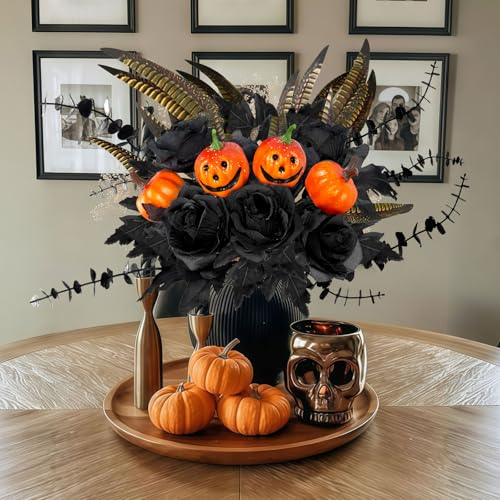 Halloween Artificial Flower Stems - 14pcs Black Halloween Decor for Vase, Table, Room, Indoor Party - Black