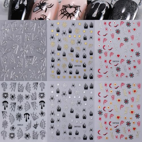 Flower Nail Stickers-5 Sheets Halloween Spider Web Rhinestones & Star Design Decals