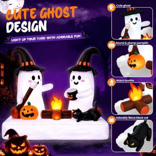 Inflatable Ghost Bonfire Halloween Yard Decorations - 5.5FT Twin Ghosts with LED Lights, Stakes & Hooks
