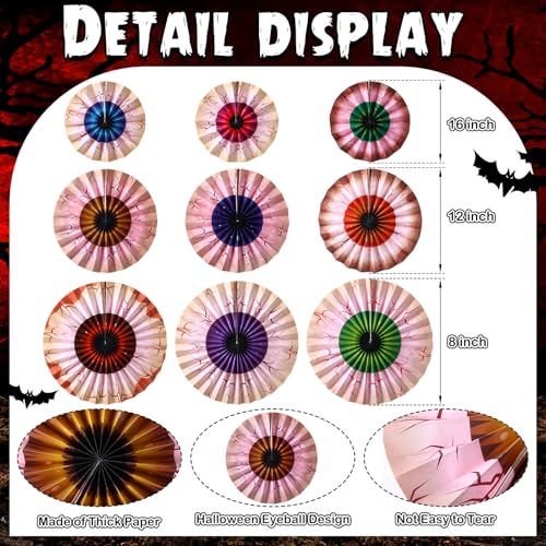 Halloween Eyeball Paper Fan Decorations - 9 Pcs Spooky Hanging Fans, Various Sizes