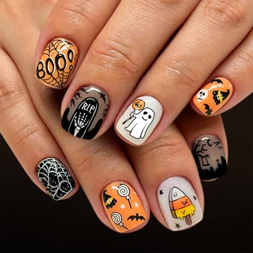 Halloween Press On Nails Short Square Fake Nails with Pumpkin Ghost Spider Web Design - Nails-261 - 24 Pcs