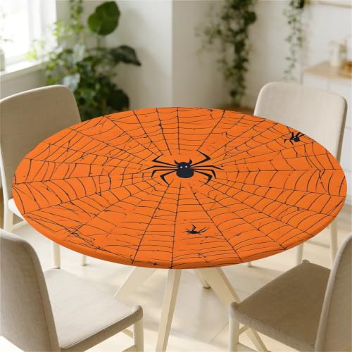 48 Inch Fall Waterproof Round Tablecloth with Elastic Edge - Halloween Fitted Cover, D-halloween Variation