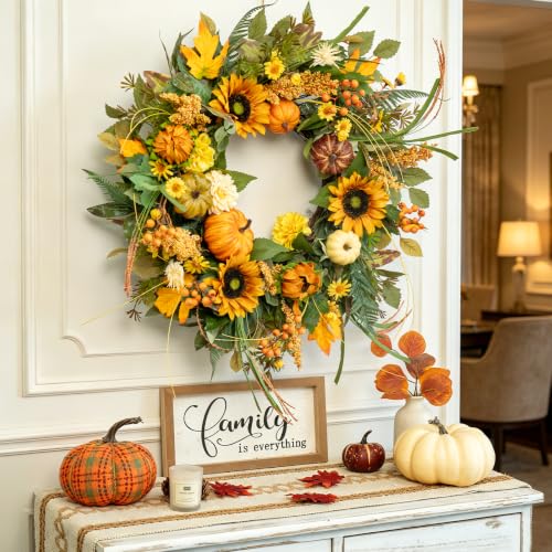 24 Inch Fall Sunflower Wreath - Autumn Door Decor with Pumpkins & Leaves