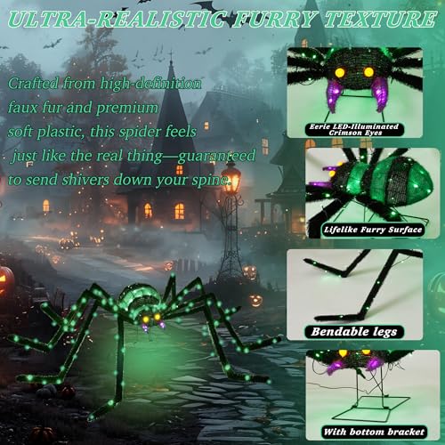 Giant Halloween Spider Decoration - 6.8Ft Lighted Outdoor Prop with 115 LED Lights - Green, Zz-004