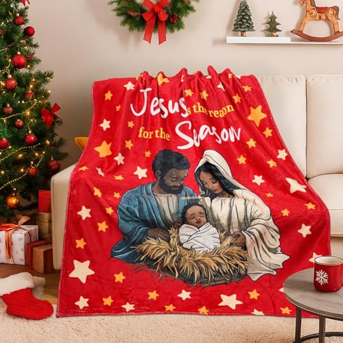 Christmas Throw Blanket with Nativity Design - Black Santa & Jesus - 50x60 Inch