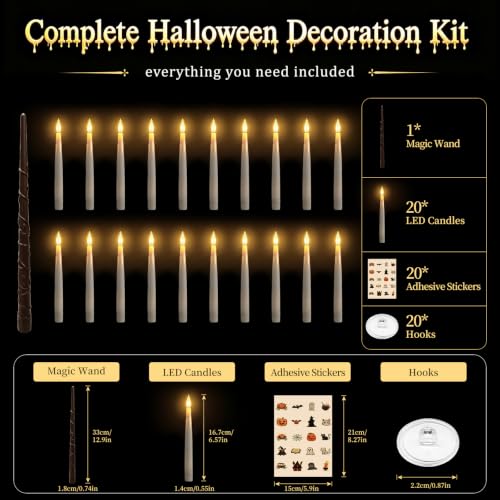 Halloween Floating Candles with Wand Set - 20 Flickering LED Hanging Candles