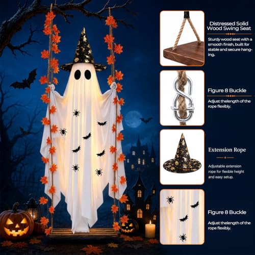 Halloween Outdoor Ghost Swing Decoration with LED Lights & Witch Hat - 5.4FT