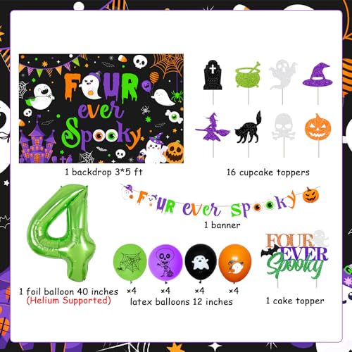 Halloween 4th Birthday Party Decoration Set - Purple Green Four Ever Spooky Backdrop Banner Cake Toppers
