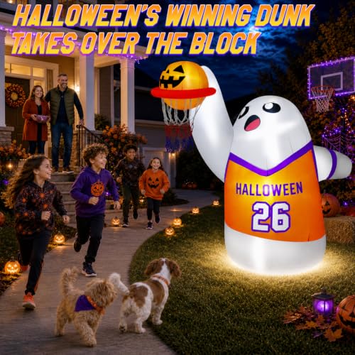 5FT Halloween Inflatable Ghost with Bright LEDs and Slam Dunk Basketball Outdoor Decoration