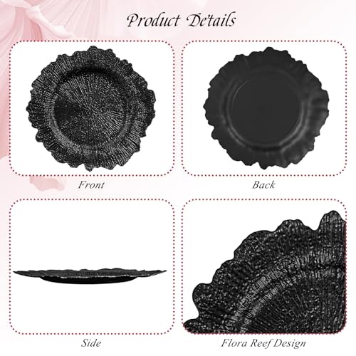 50 Pack Black 13-Inch Reef Charger Plates - Elegant Disposable Tableware