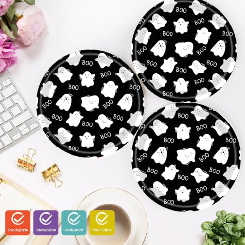 Halloween Ghost and Pumpkin Paper Plates 7 Inch - White, 50 Pack