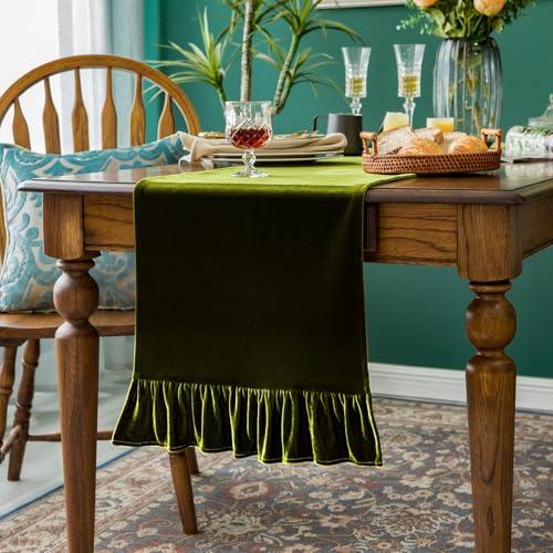 Olive Green Velvet Table Runner 14x72 Inches Luxurious Retro Ruffle Decor