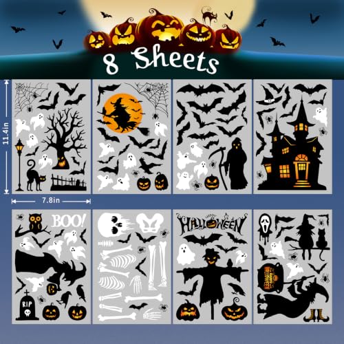 Halloween Window Clings - Reusable Indoor Decor with Ghost, Skeleton & Bats, 8 Sheets