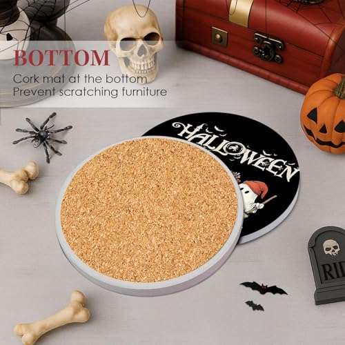 Halloween Ghost Pumpkin Ceramic Drink Coasters Set of 6 with Cork Bottom & Metal Holder - Fall Decor