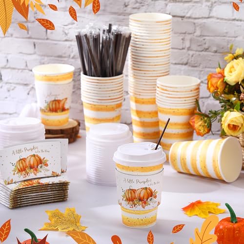 Pickmesh Pumpkin Orange 50 Piece 12oz Fall Coffee Cups Set with Lids Sleeves Stirrers