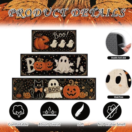 Halloween Cat Ghost Kitchen Rugs Set - Non-Slip Washable Fall Decor - Cat Ghost Variation