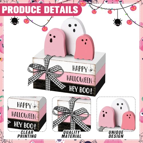 Pink Ghost Halloween Table Decor Set - 3 Wooden Signs & 3 Decorative Books - Pastel Pink Holiday Accent with 'Happy Halloween' Phrase