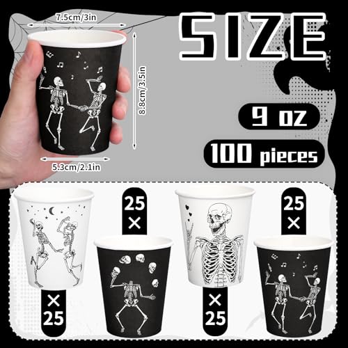 Halloween Skeleton Paper Cups - Black & White Dancing Skeleton Design, 9oz, 100 pcs, Disposable Party Tableware