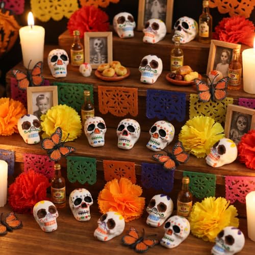 52 Pcs Day of the Dead Skull Miniature Set - Dia De Los Muertos Decor with Flowers & Flags