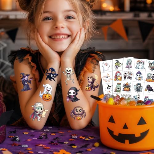 Halloween Pre-Cut Temporary Tattoos for Kids - 192 Designs, 16 Sheets